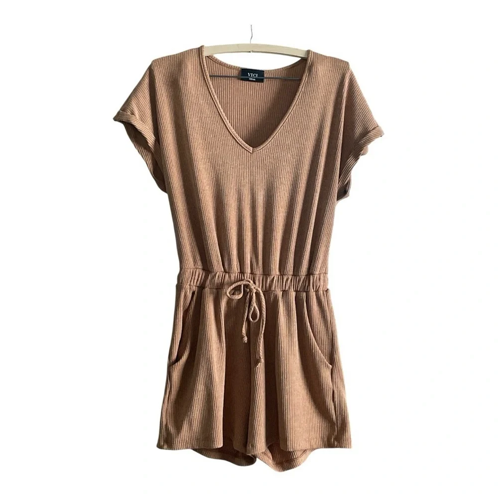 VICI Brown Ribbed Knit Short Sleeve Romper | Casual Drawstring Waist One-Piece